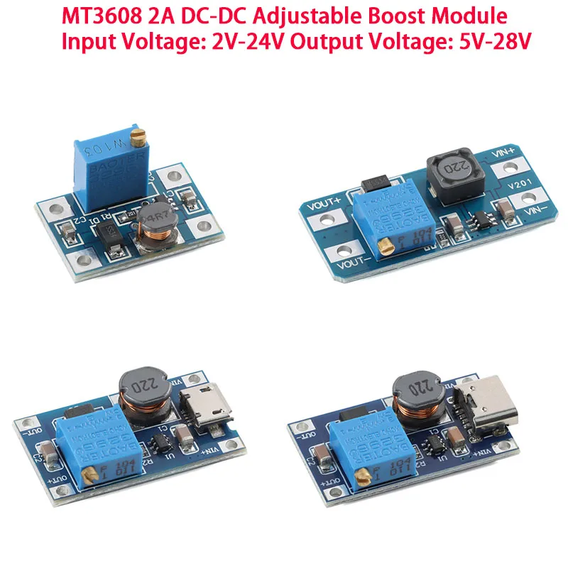 

10pcs/1pc MT3608 DC-DC Adjustable Boost Module 2A DC DC Step up Converter Module 2V-24V to 5V 9V 12V 28V Power Board Booster PCB