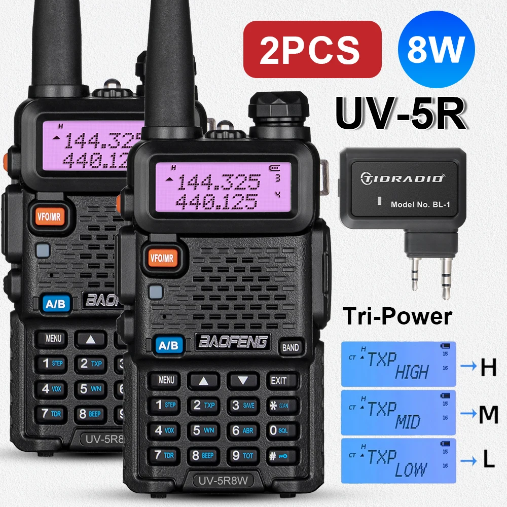 

1/2PCS BaoFeng UV-5R& Wireless Programmer 8W Tri-Power Walkie Talkie High Power Dual Band Long Range 128 CH Portable Radio