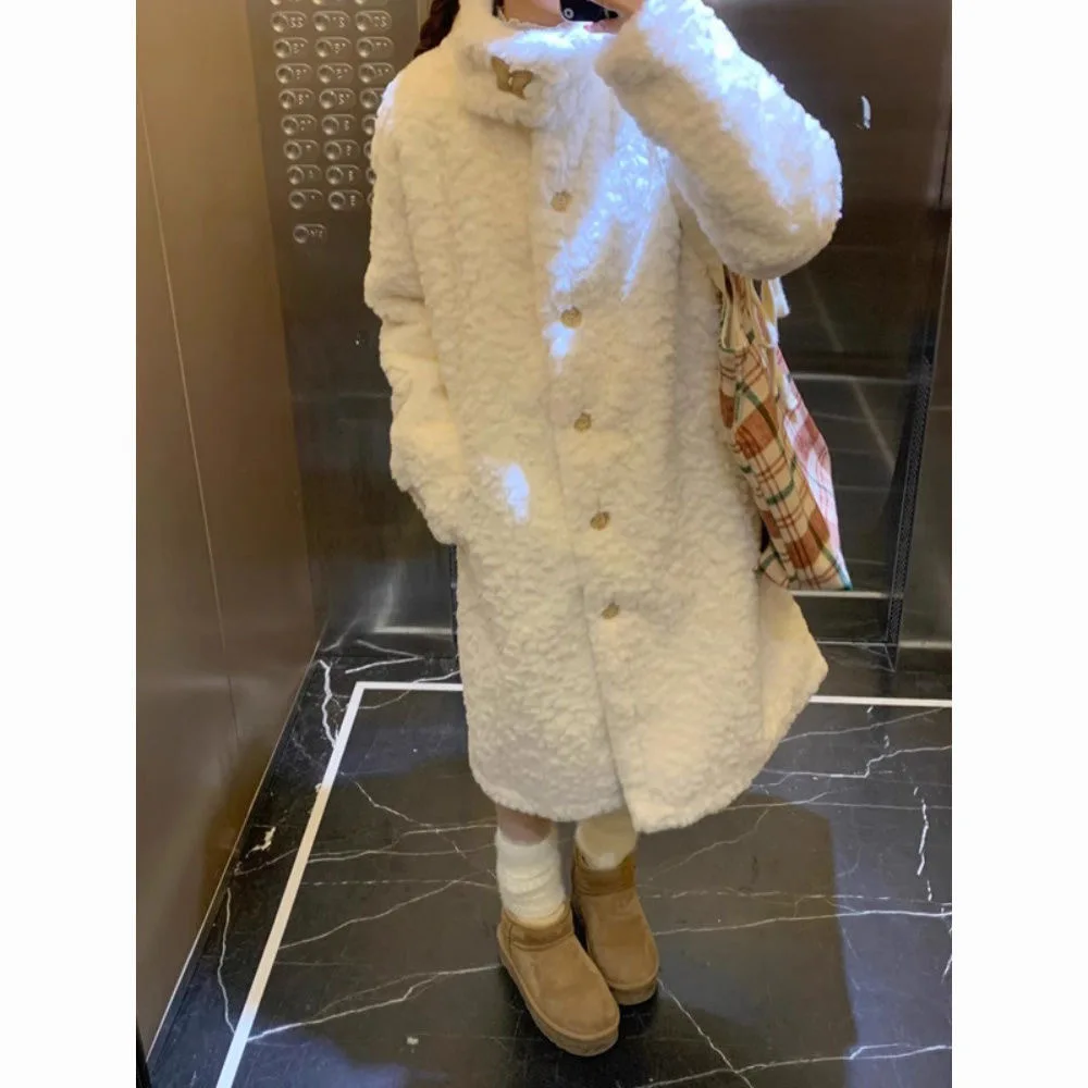 

Stand Collar Lambswool Coat Long White Faux Fur Overcoat Women 2025 Korean Y2K Aesthetic Winter Fluffy Thick Warm Button Jacket