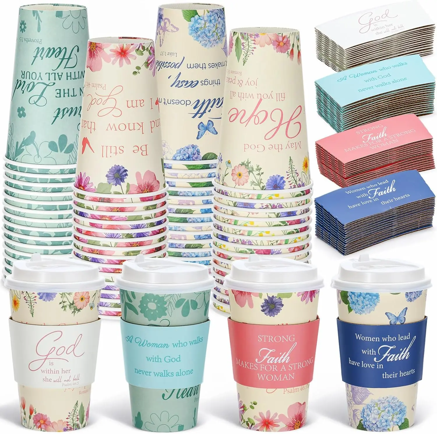 

60 Pcs Woman of Faith Floral Coffee Cups with Lids Christian Paper Disposable Bible Floral Coffee Cups Bulk 16 oz Drinkw