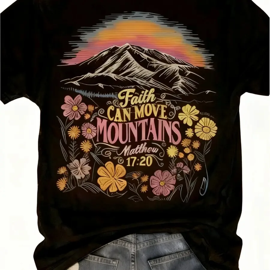 Women'S Christian Theme T-shirt Faith Mountain Pattern Short-Sleeved Black Crew Neck Casual Medium Stretch Daily Worship Clothi