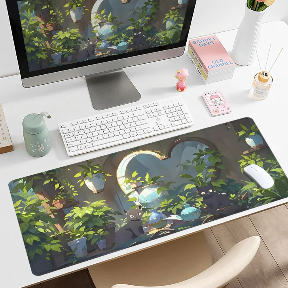 Black Cat Mouse Pad Cartoon Design Large Desk Accessories Desk Pad Rubber Base with Stitched Edge Mousepad Non-Slip Deskpad