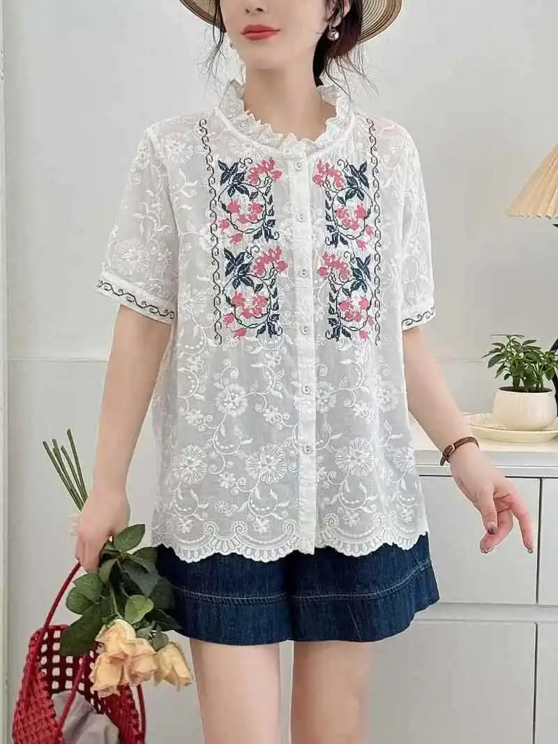 

New 2026 Summer Women Cotton Short Sleeve Shirt, Stand Ruffles Embroidery, Mori Girl Vintage Preppy Style Loose Blouse T63918CC