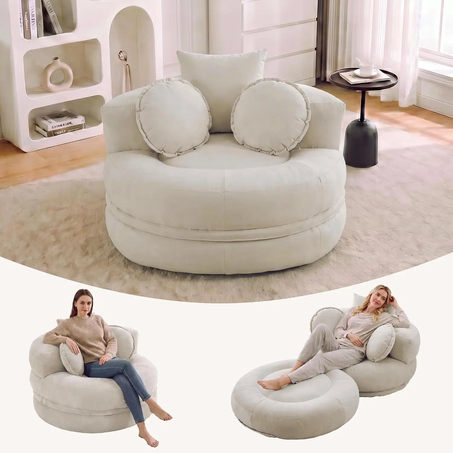Boneless Convertible Round Floor Sofa Chair with Expandable Seat, Beige | Oversized Lounge Seating, High-density, Customized