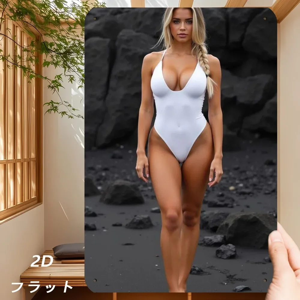 CIFBUY Blonde Woman White One-Piece Swimsuit Black Sand Beach Metal Sign 2D Print Aluminum Poster Summer Fashion Wall Art Home