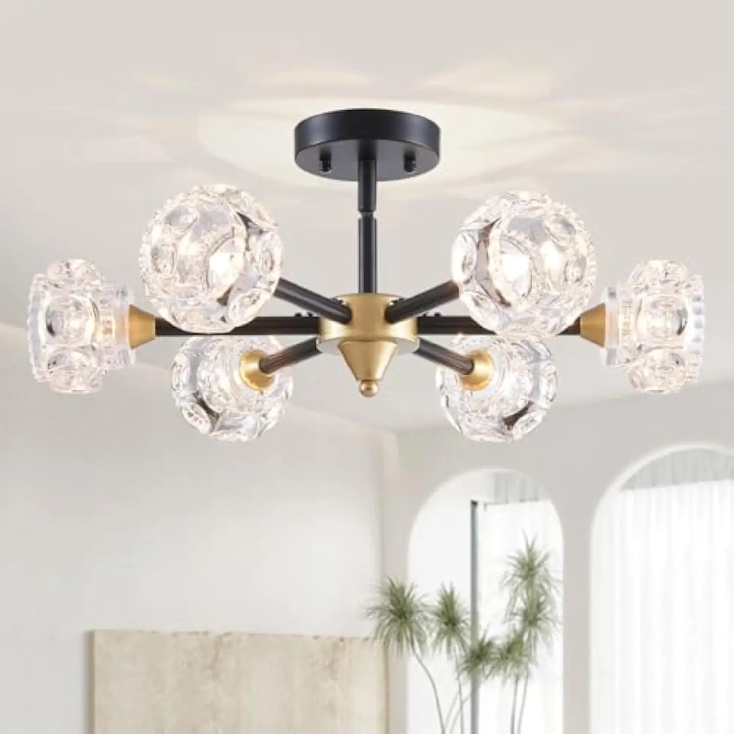 

Sputnik Chandelier Black Gold 6-Light Mid Century Semi Flush Mount Ceiling Light Fixture Modern Glass Ceiling Lighting for Din