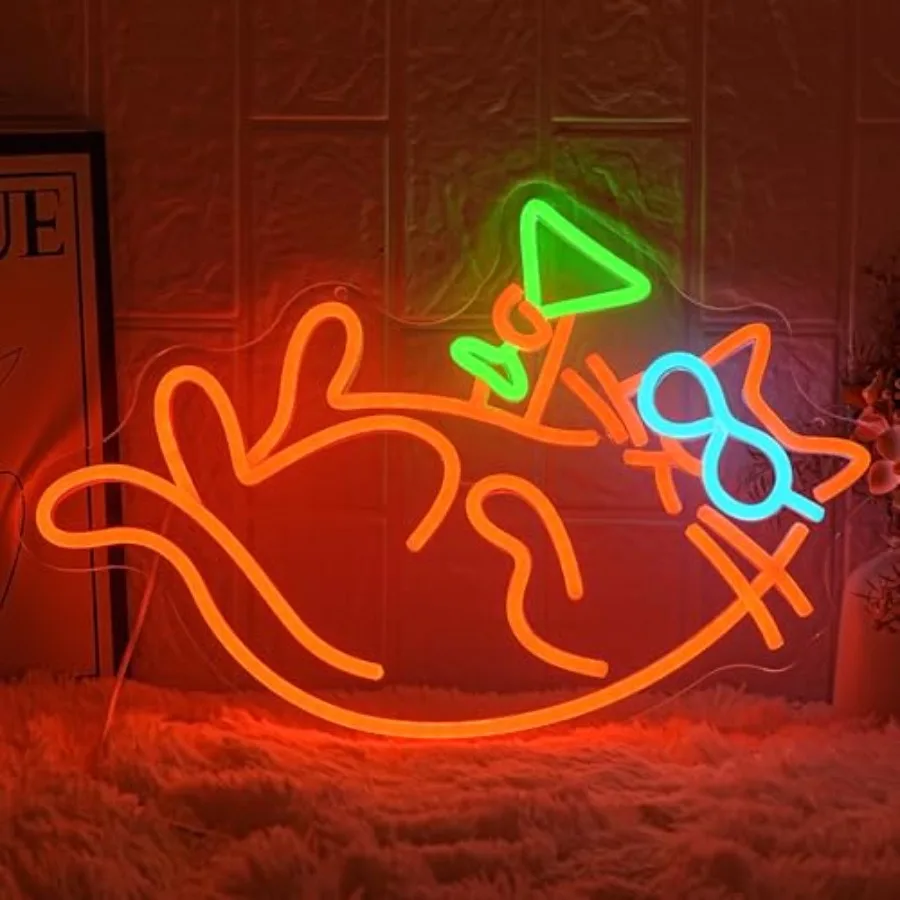 Cat Martini Neon Sign for Wall Decor Bar Neon Light Red Cat with Glasses Drink Beer LED Sign Dimmiable LED Neon Light Sign for