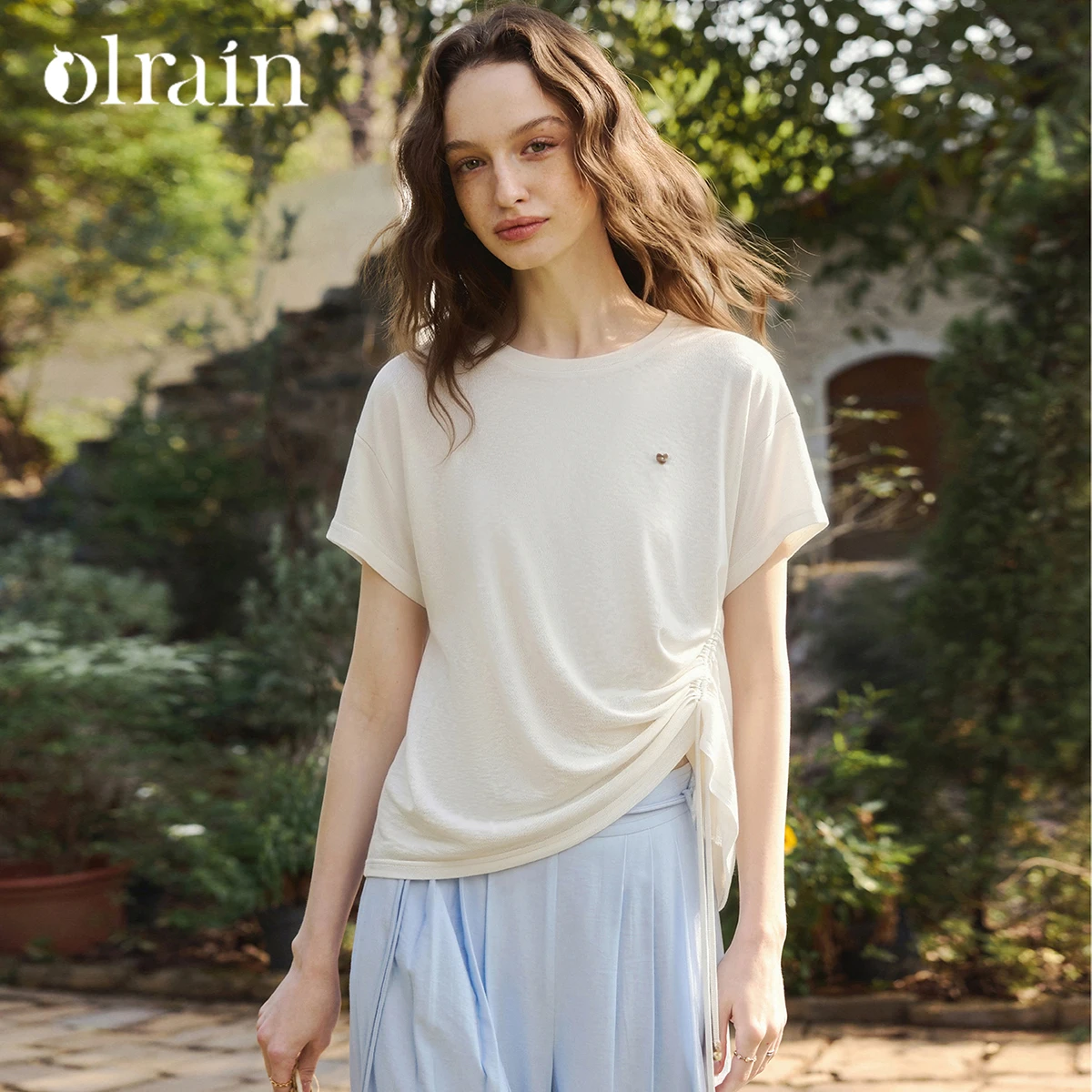 OLrain Commuter Versatile Round Neck Top Women 2026 Summer Fashion Side Asymmetric Drawstring Ruched Loose T-shirt O58XT006366