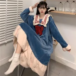 Sailor Collar Nightgown Sleepwear Womens Fleece Night Dress Winter One Piece Pajamas Korean Style Bow Knee Length Home Wear 2023