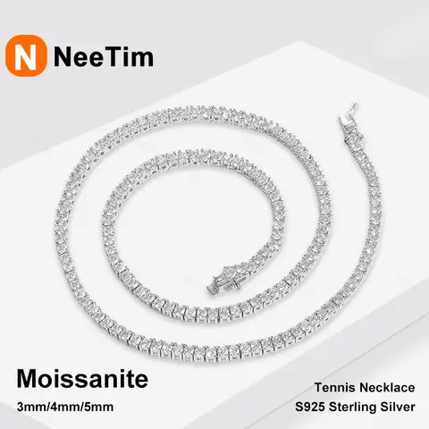 여성을위한 NeeTim 3/4/5mm Moissanite 테니스 목걸이 남자 S925 실버 18k 골드 도금 목 체인 트렌디 힙합 파티 쥬얼리