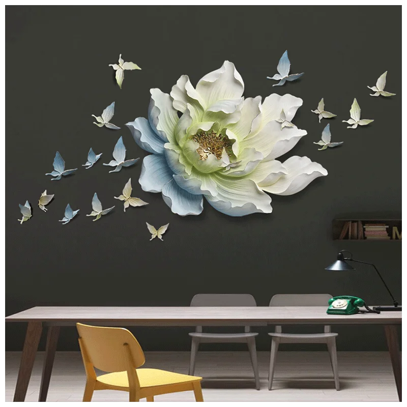 3D Stereo Wall Hanging Resin Flower+Butterfly Home Decoration Crafts Restaurant Hotel Ornament Livingroom Sofa Mural Decor