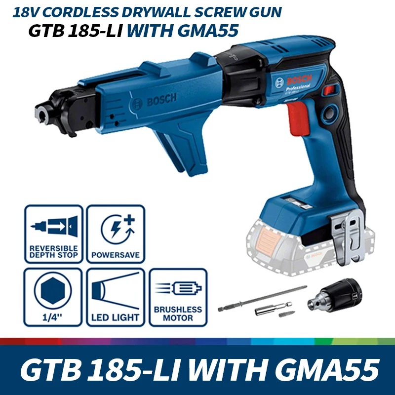 Bosch GTB 185-LI Cordless Drywall Screw Screwdriver Brushless Staple Guns With GMA55 Attachment 18V Professionl Power Tool