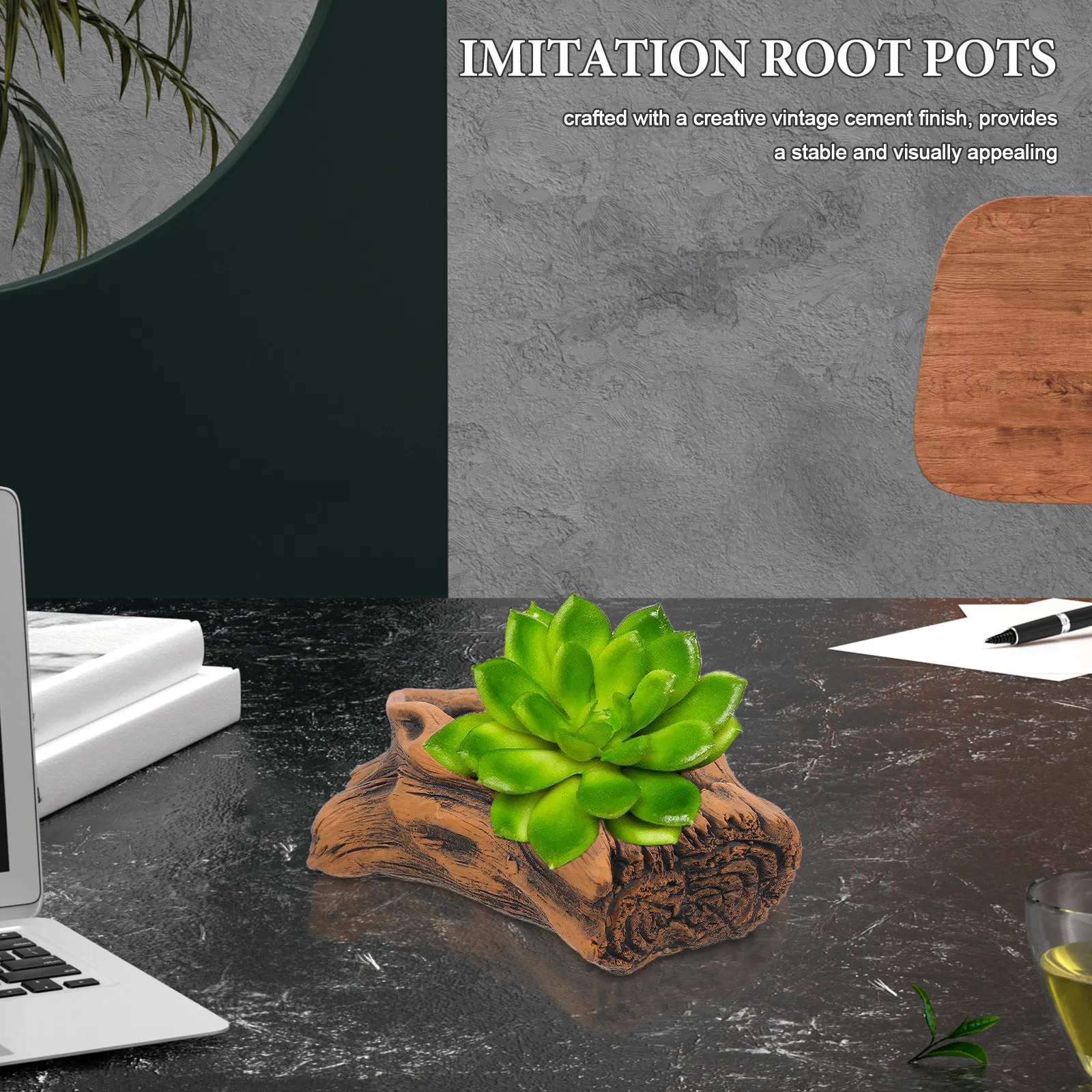 Creative Vintage Cement Planter Mimicking Natural Tree Roots Rustic Wood Texture Mini Succulent Pot Unique Artistic Home Desk