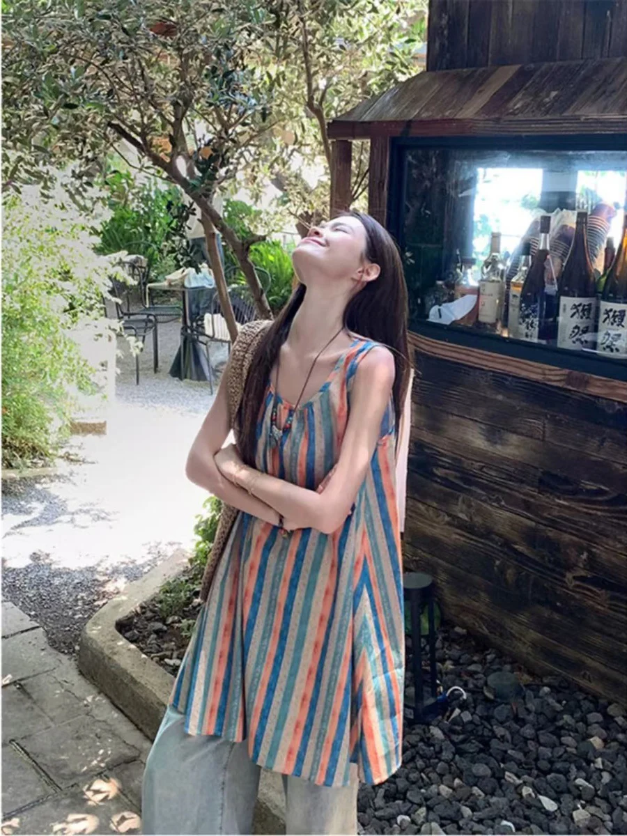 

Retro Contrast Color Stripe Midi Vest plus Size Women's Casual round Ne Svel Top Inner Wear Cotton Blend Summer