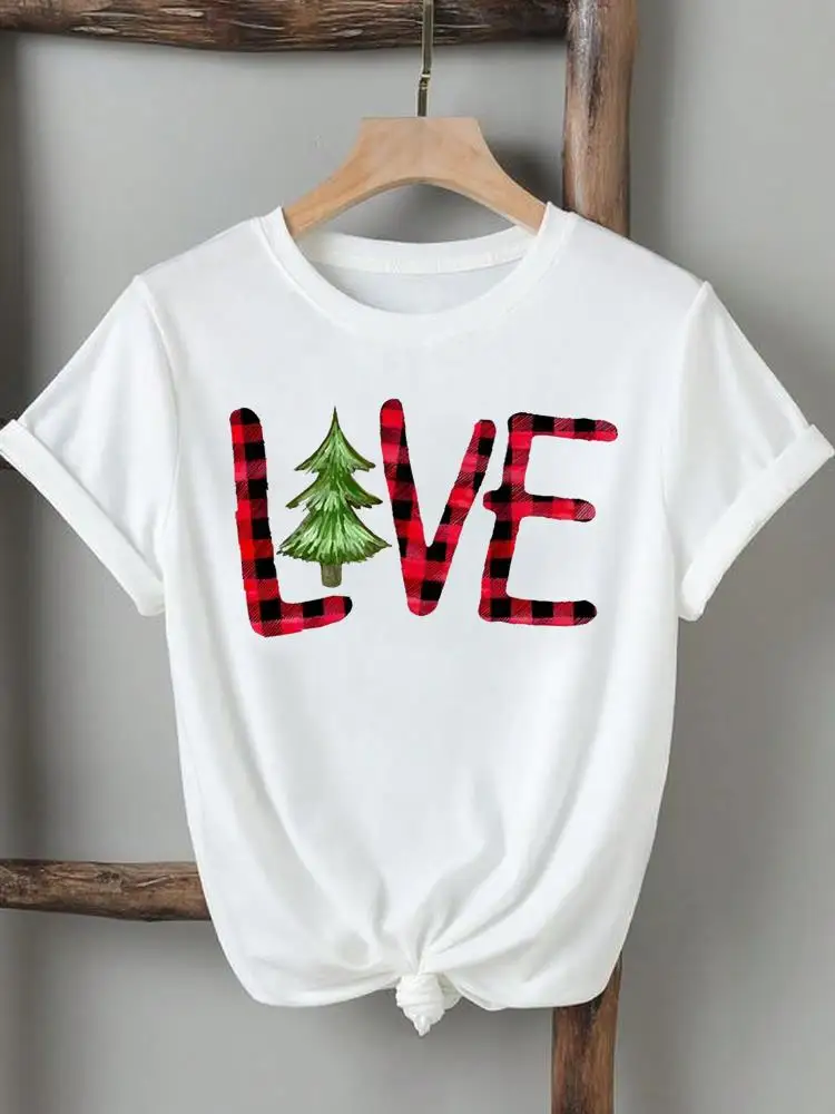 Plaid Love Letter Style Cute Tee Christmas Women Lady Printed New Year Clothing Short Sleeve T-Shirts Fashion Graphic T Top