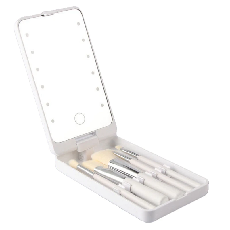 Mirror Portable Makeup Mirror With 5 Brushes Storage Box LED Touch Portable One-Face Storage Box Makeup Mirror