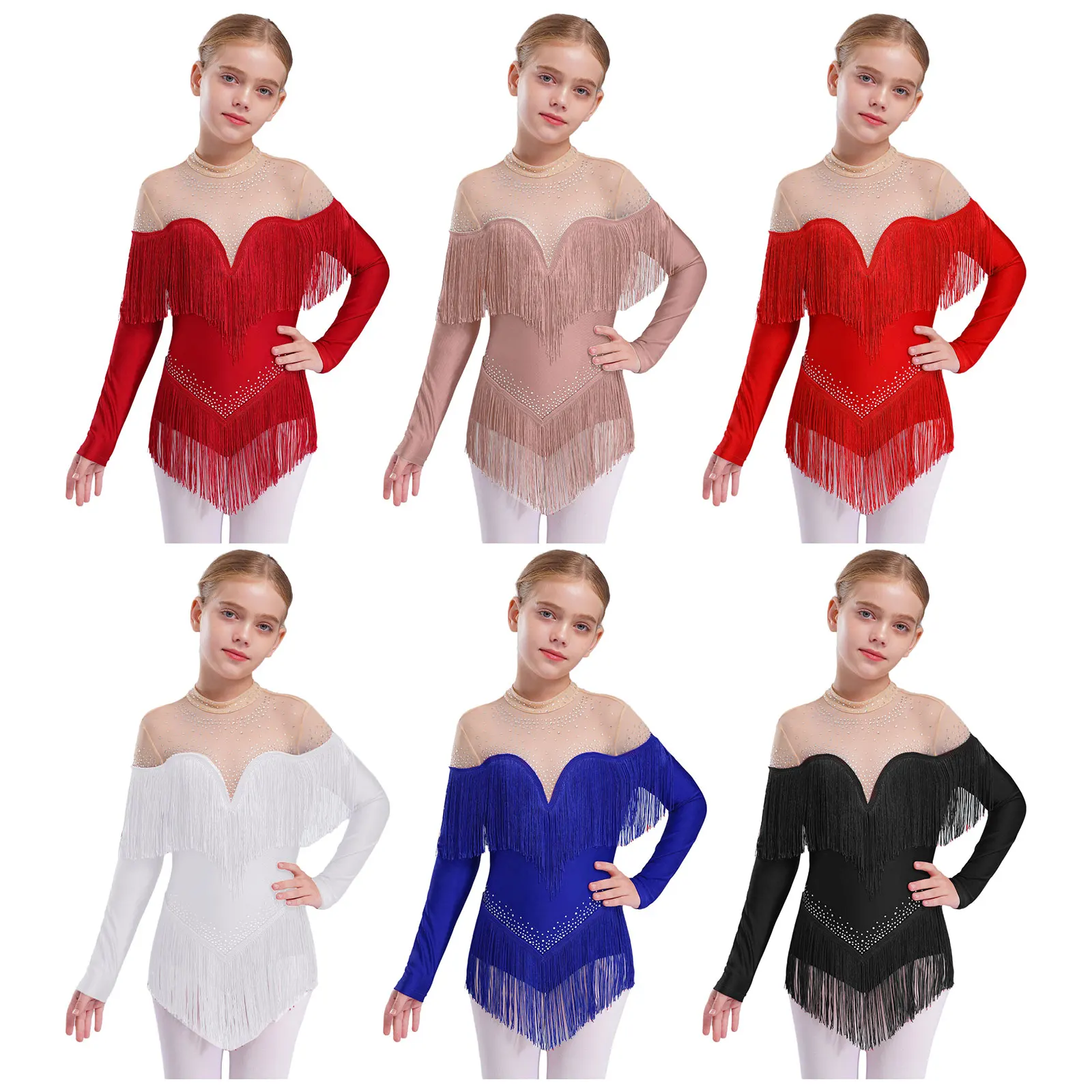 Body da ballo latino per bambina con nappa, strass, body in rete, vestito da competizione di ballo professionale, costume da salsa cha-cha samba