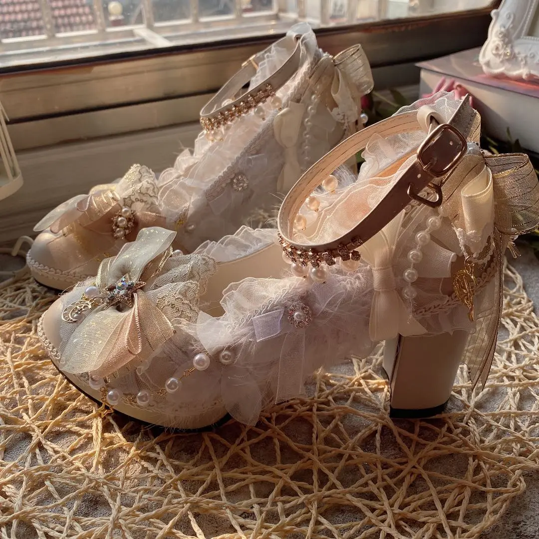 Cos Girl's Heart Handmade Dawn Nightmare Flower Wedding Coronation White Gold Lolita High Heels Thick Heels Lo Shoes Sweet Girl