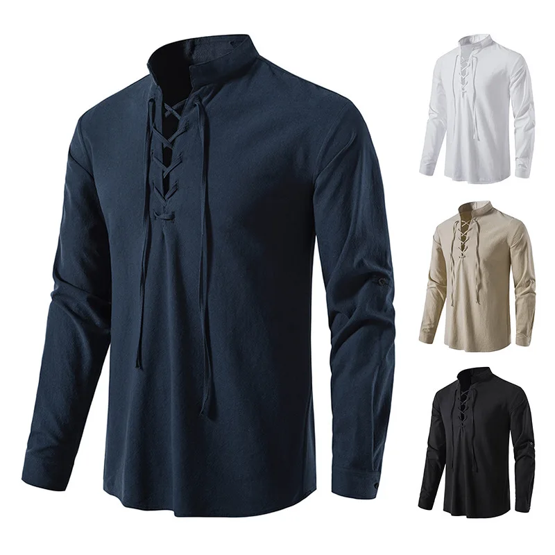 

2025 men's V-neck lace up long sleeved Henry shirt solid color cotton linen loose casual men's stand up collar shirt