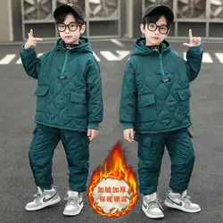 Children's Warm Set Autumn/Winter New Casual Boy Girls' Hoodie with Velvet and Cotton Jacket Pants Two Piece Set