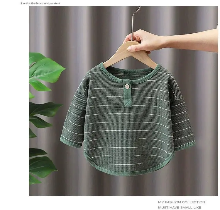 Kinder-Frühlings- und Herbst-Langarm-T-Shirt für Jungen und Mädchen, koreanisches gestreiftes T-Shirt, warmes Unterhemd für Kinder, schlichtes Oberteil für Babys – Detail 7