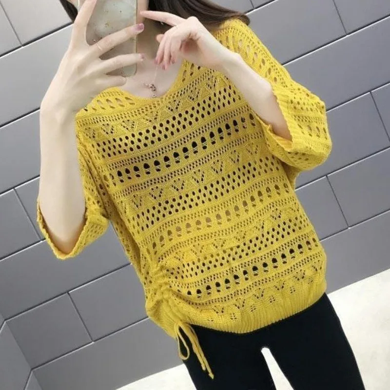 Summer Fashion Women\'s Sexy V Neck Hollow Out Bat Sleeve Knitwear Casual Loose Solid All Match Pullover Knit Smock Top Sweater