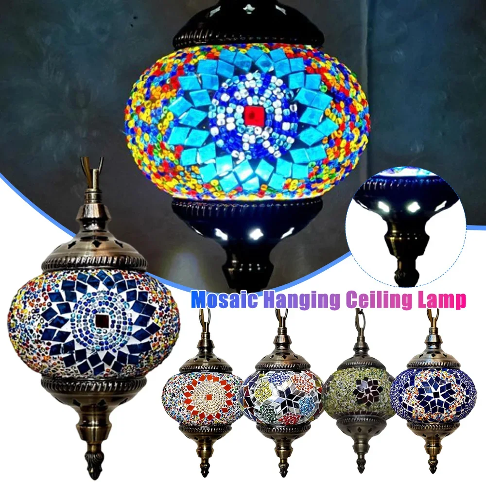 

Turkish Moroccan Mosaic Hanging Ceiling Lamp Romantic Decorative Glass Globe Fixture Bar Restaurant Mediterranean Pendant Light