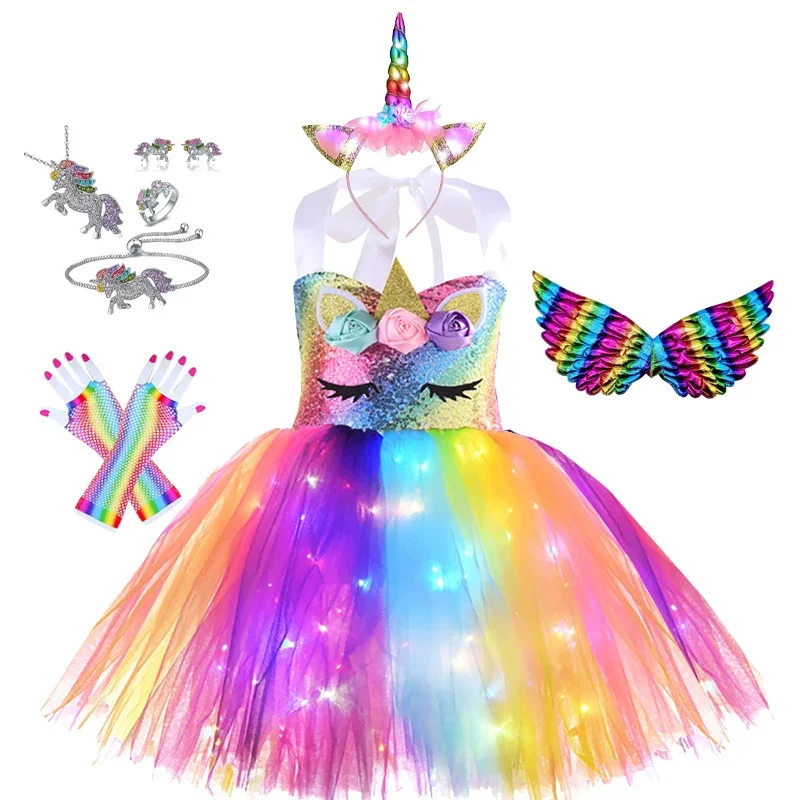 Glowing Unicorn Dress Girl Halloween Fantasy Cosplay Clothes Summer Kids Rainbow Sling TUTU Child Sequin Flower Applique Costume