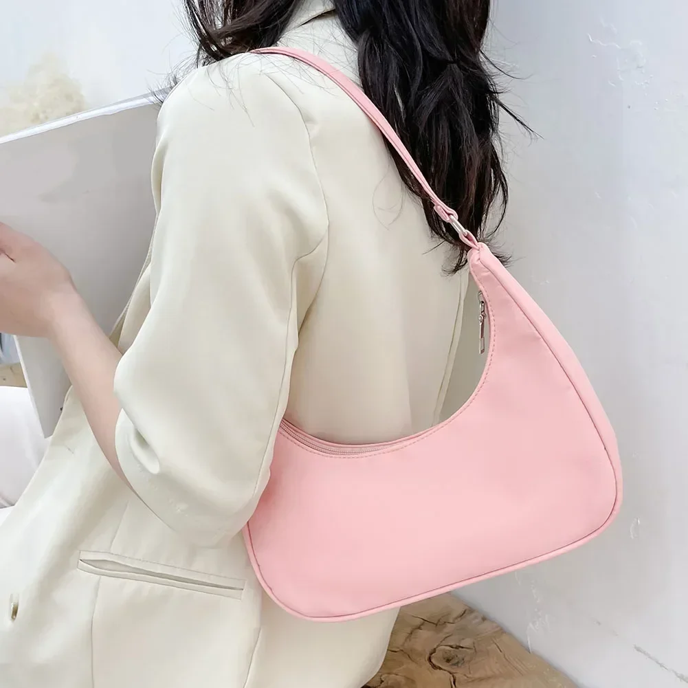 Girls Y2K Fashion Exquisite Shoulder Bag Retro Casual Women's Underarm Bag Students Nylon Solid Color Chain Tote Handbags