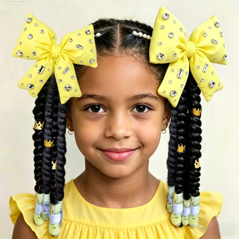 

2 шт. детских водонепроницаемых заколок с бантом и стразами, синтетический кудрявый плетеный хвост для девочек, коса из термостойкого волокна с бусинами