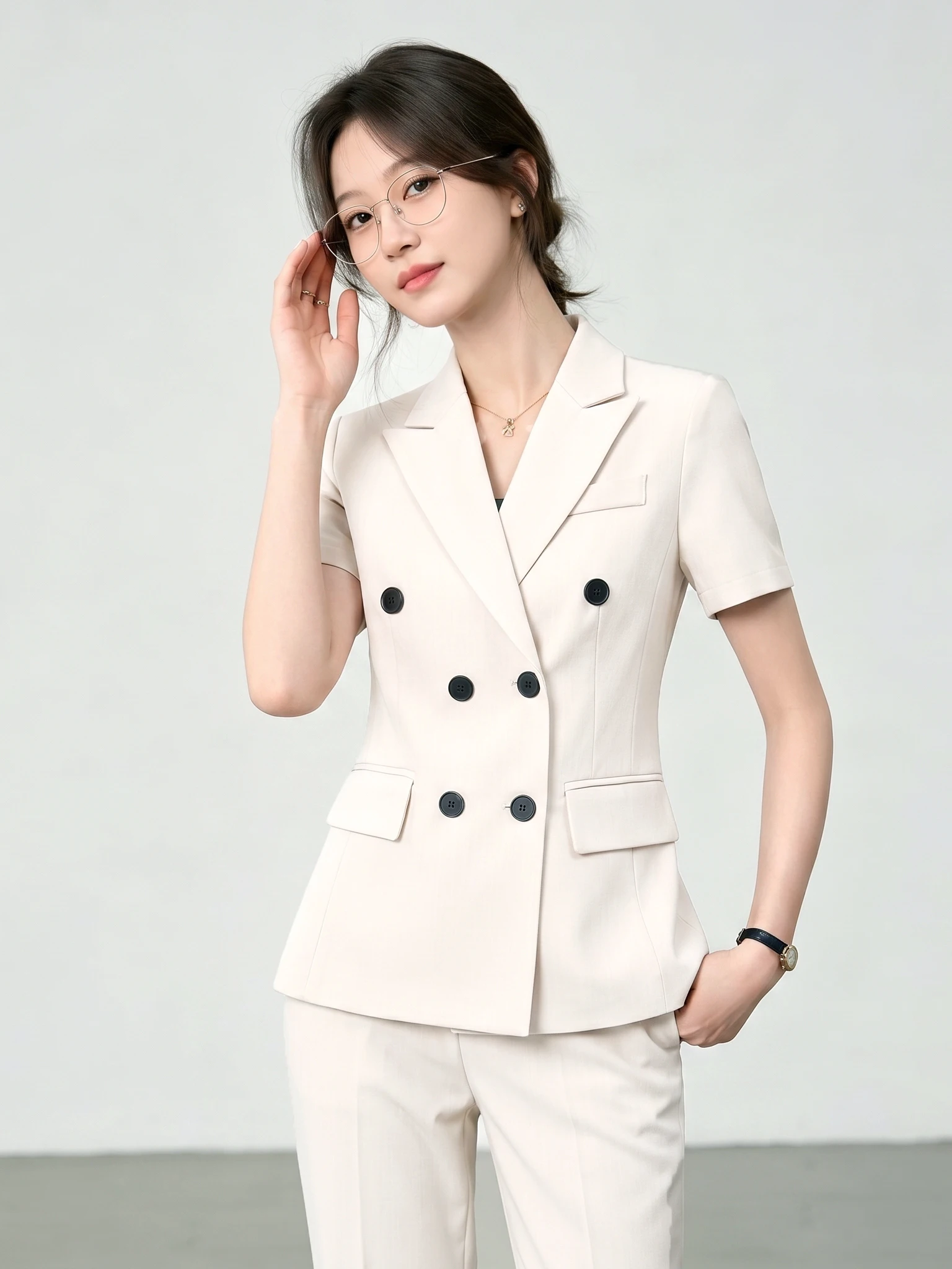 Milk White Short Sleeve Professional Suit Set for Women Summer New Lightweight Office Formal Interview Suit Jacket