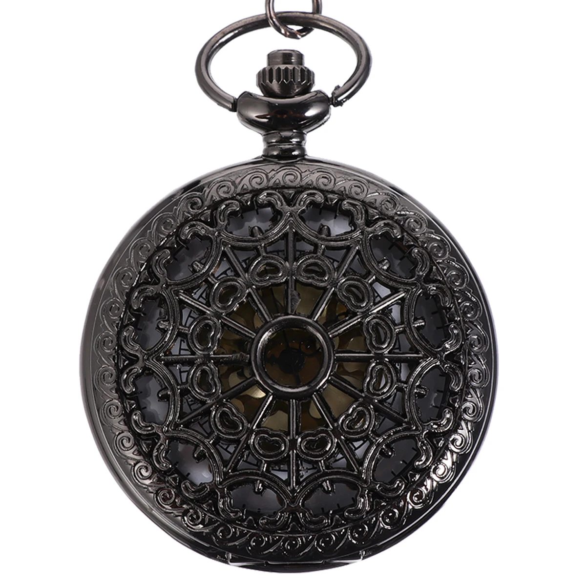 Bolso oco com corrente relógio de bolso presente preto durável liga caso lente clara imprensa coroa corrente fina tamanho pequeno