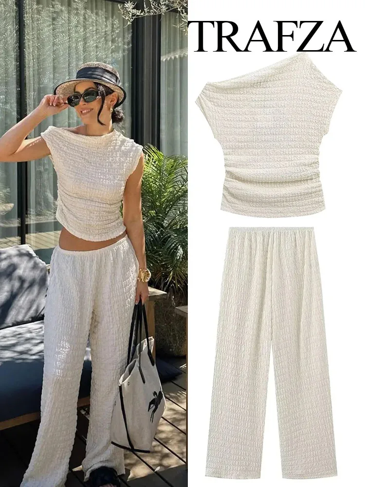 

TRAFZA Women Summer Fashion Suit Solid Skew Collar Sleeveless Tops+Mid Waist Elastic Waist Wide Leg Pants Female Chic Set Traf