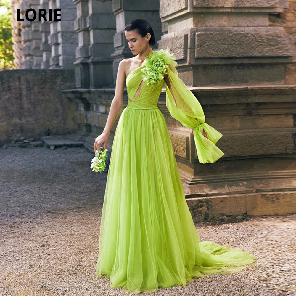 

LORIE Long Evening Dress Ruched One Sleeve Tulle Dubai Prom Gowns Celebrity Party Dresses Train 3D Flower Vestidos De Fiesta