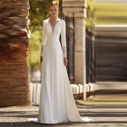 2025 Simple Satin A Line Wedding Dresses Women Lace Appliques Bride Gowns Sexy V Neck Long Sleeve Customized Vestido De Novia