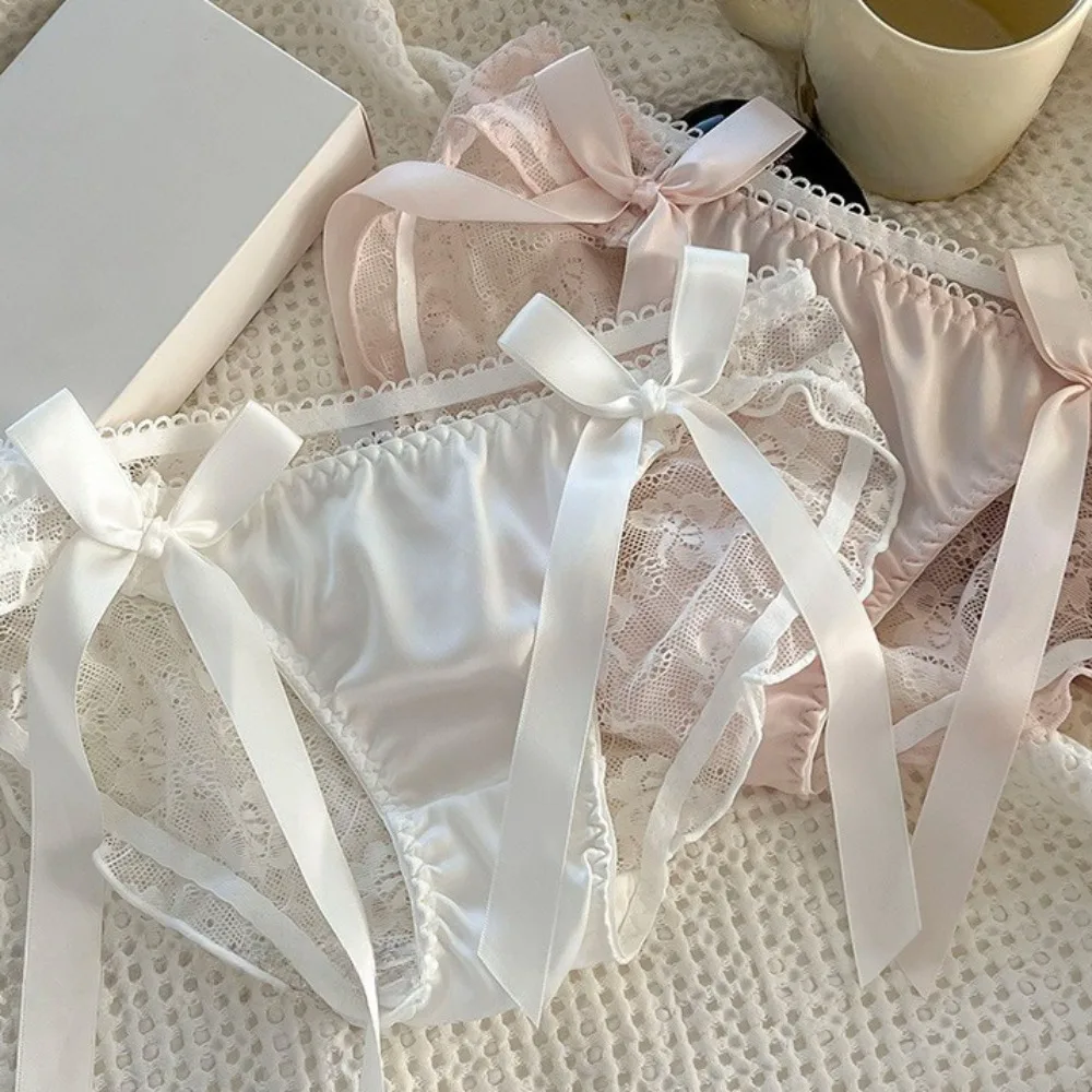 

Ladies Sexy Mesh Panties Mid-waist Seamless Lace Underwear Briefs Japanese Style Young Girl Underwear Pink Bow Lingerie M-XL