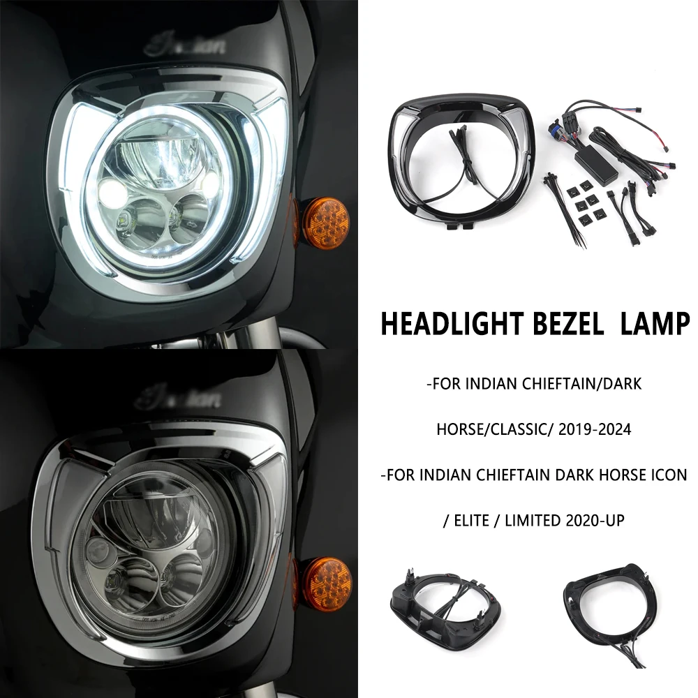 

For Chieftain Classic 2019-2025 Fang Black LED Headlight Bezel Amber Lamp Cover For Indian Chieftain Dark Horse 2019-2024