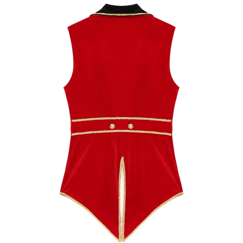 Mens Circus Ringmaster Tailcoat Halloween Cosplay Costume Lapel Sleeveless Gold Details Velvet Jacket