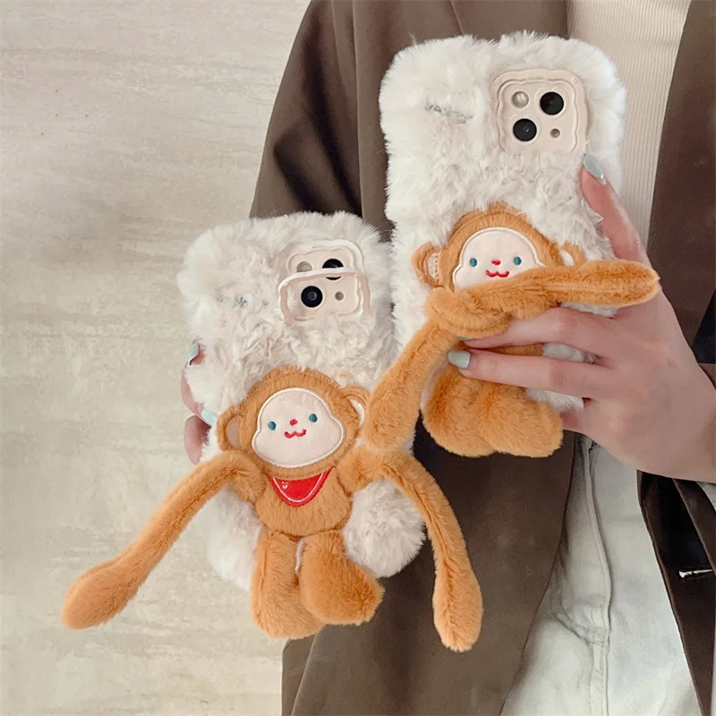 

Korean Cute Little monkey Plush Phone Case For iPhone 16 Pro 15 12 13 14 11 Pro Max Cover Kawaii Fluffy Silicone Cases For 16Pro
