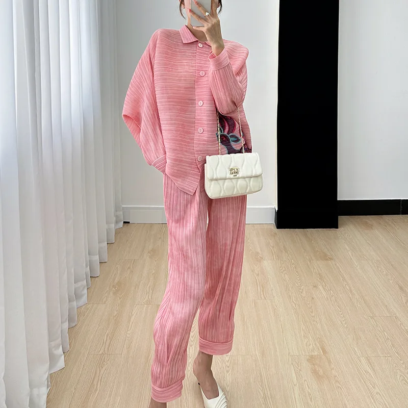 Miyake Printed Fashion Set Women's 2023 Summer New Long Sleeve Short Coat High Waist Casual Pants Fashion Two Piece Set