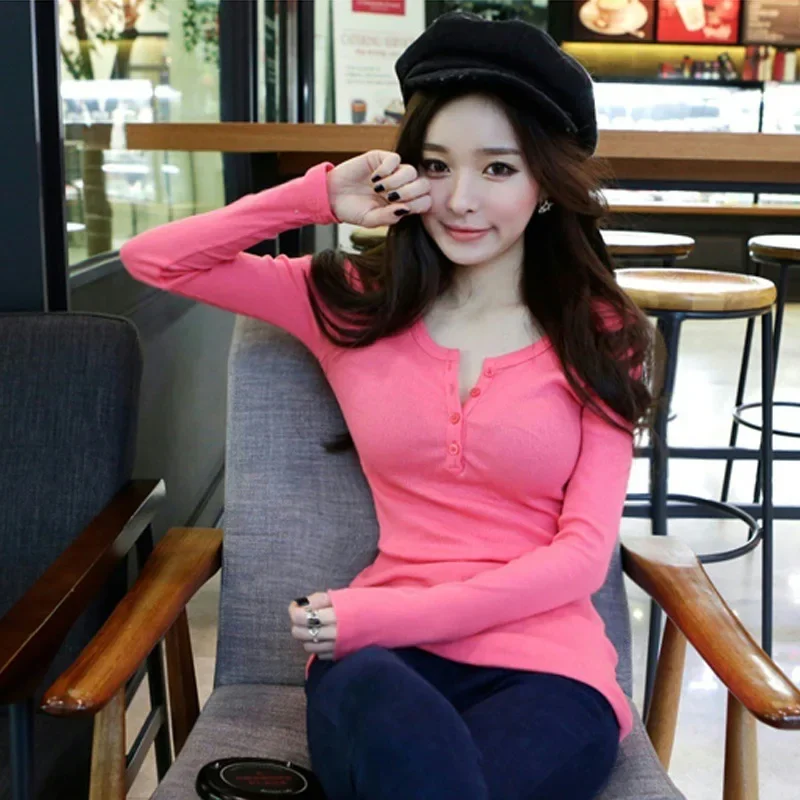 Slim Fit Women's Long Sleeve T-Shirt Half Open Collar Button Detail Base Shirt Inner Wear Top Korean Style Fashionable Slimming