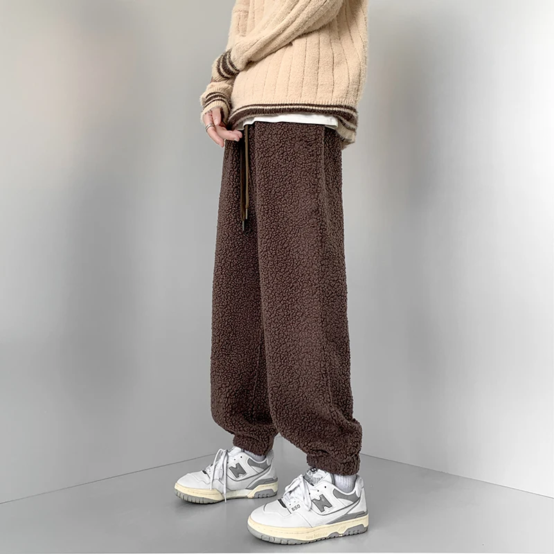 Winter Thick Pants Men Warm Retro Casual Lamb Wool Pants Men Streetwear Hip-hop Loose Wide Leg Pants Mens Thickened Trousers