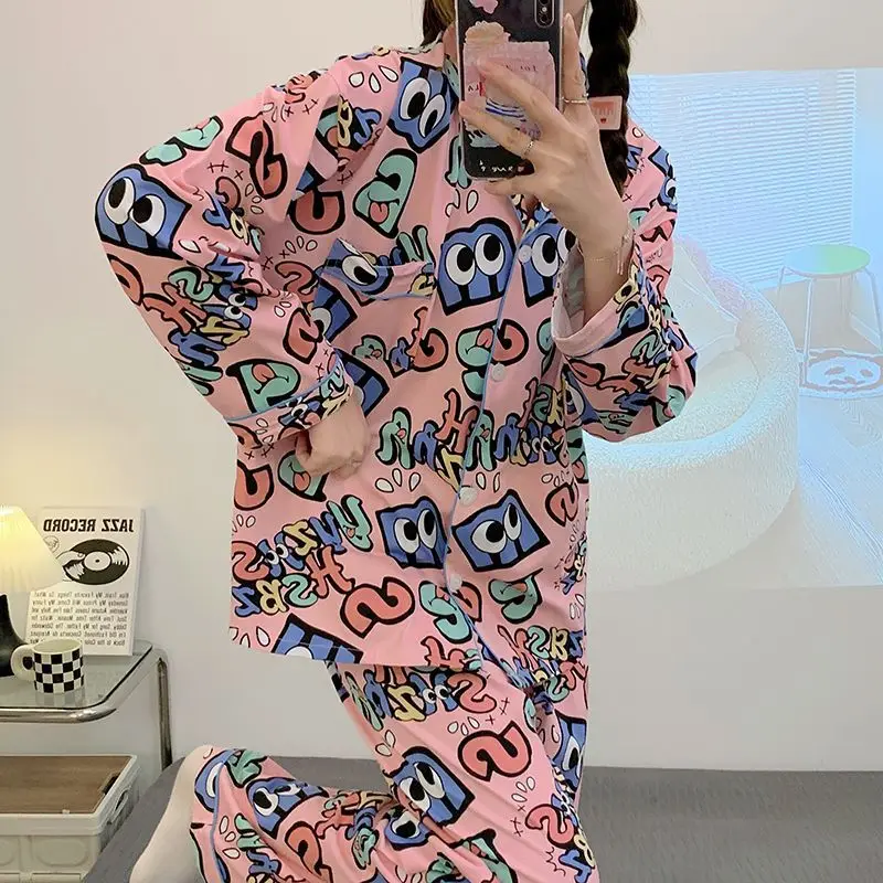 Ladies Spring Autumn Pajamas Long Sleeve Printed Sleepwear 2024 New Pyjamas Letter Cute Home Wear Loose Casual Nightdress Set