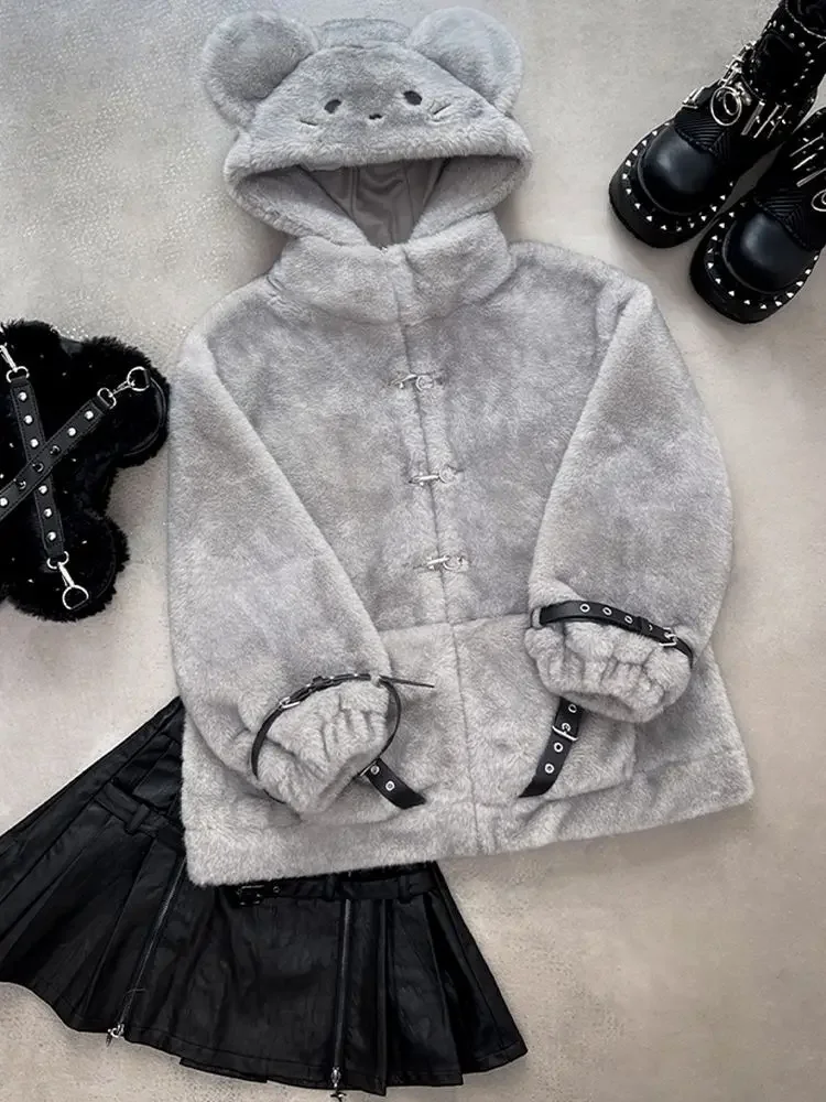 Y2k Punk Vintage Dark Academia Clothes Autumn Winter Fur Women's Jackets Casual Loose Cardigan Coat Women Sweatshirt