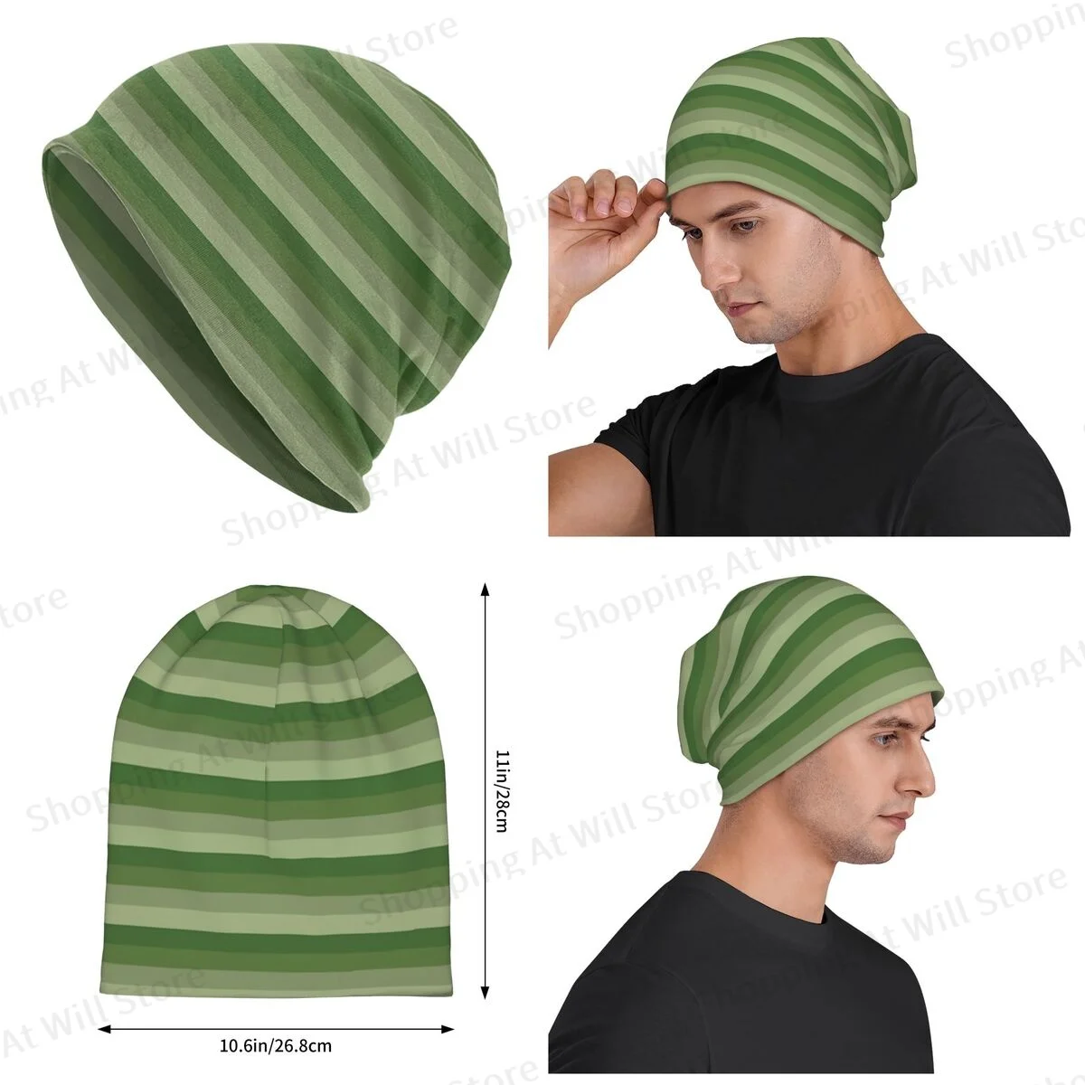 Green Ombre Gradient Wide Horizonal Striped Unisex winter Warm Brimless Urinal Hat Abstract Art Knitted Hat For Men And Women