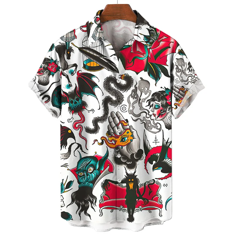 3D Print Monkey Skeleton Scissors Shirts Men Animal Patterns Button Shirt Summer Hawaii Short Sleeves Casual Loose Aloha Shirts