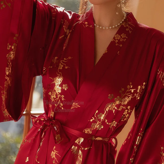 Luxury Burgundy Kimono Robe Women Wedding Bride Bathrobe Sexy Bronzing Flower Morning Dressing Gown Elegant Sleepwear Nightgown