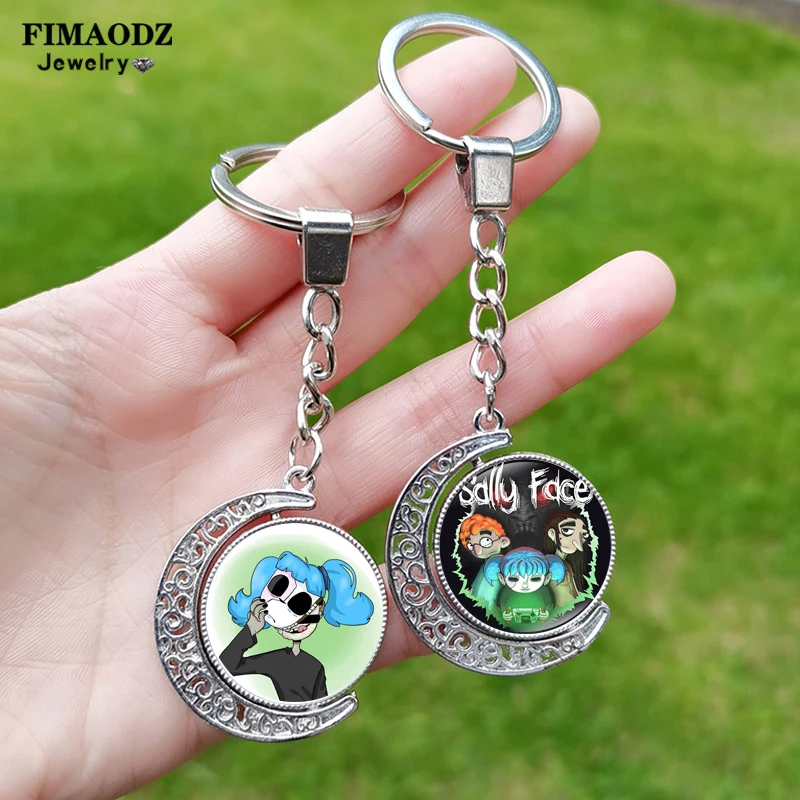 New Sally Face Figures Keychain for Fans Exquisite Glass Cabochon Double Sided Rotated Pendant Anime Game Key Chain Jewelry Gift