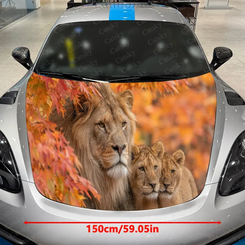 Red Maple & Lion King with Cubs Car Vinyl Wrap, PVC Waterproof Car Hood Sticker, Self-Adhesive Scratch-Resistant Stickers