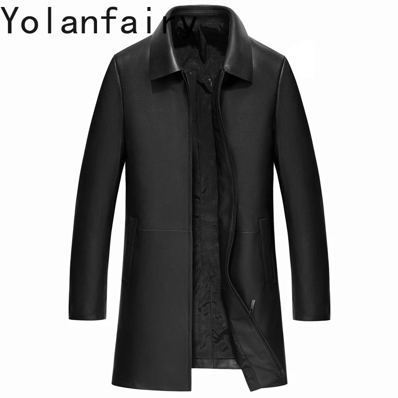 

YOLANFAIRY High Quality Genuine Sheepskin Man Leather Jacket Casual Business Mid-length Real Leather Jackets Lapel Trench Coat